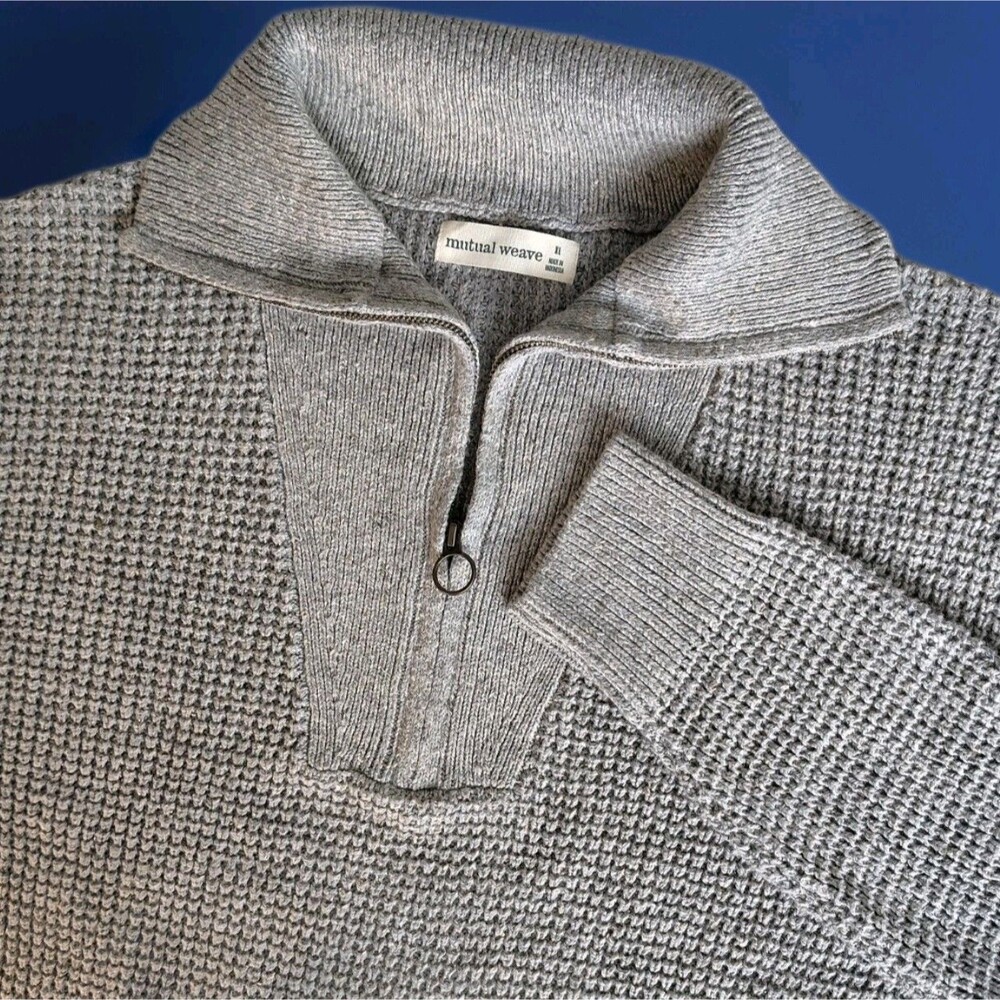 Mutual Weave Mens XL Gray 1/4 Zip Waffle Knit Sweater Cotton Grandpacore NWT